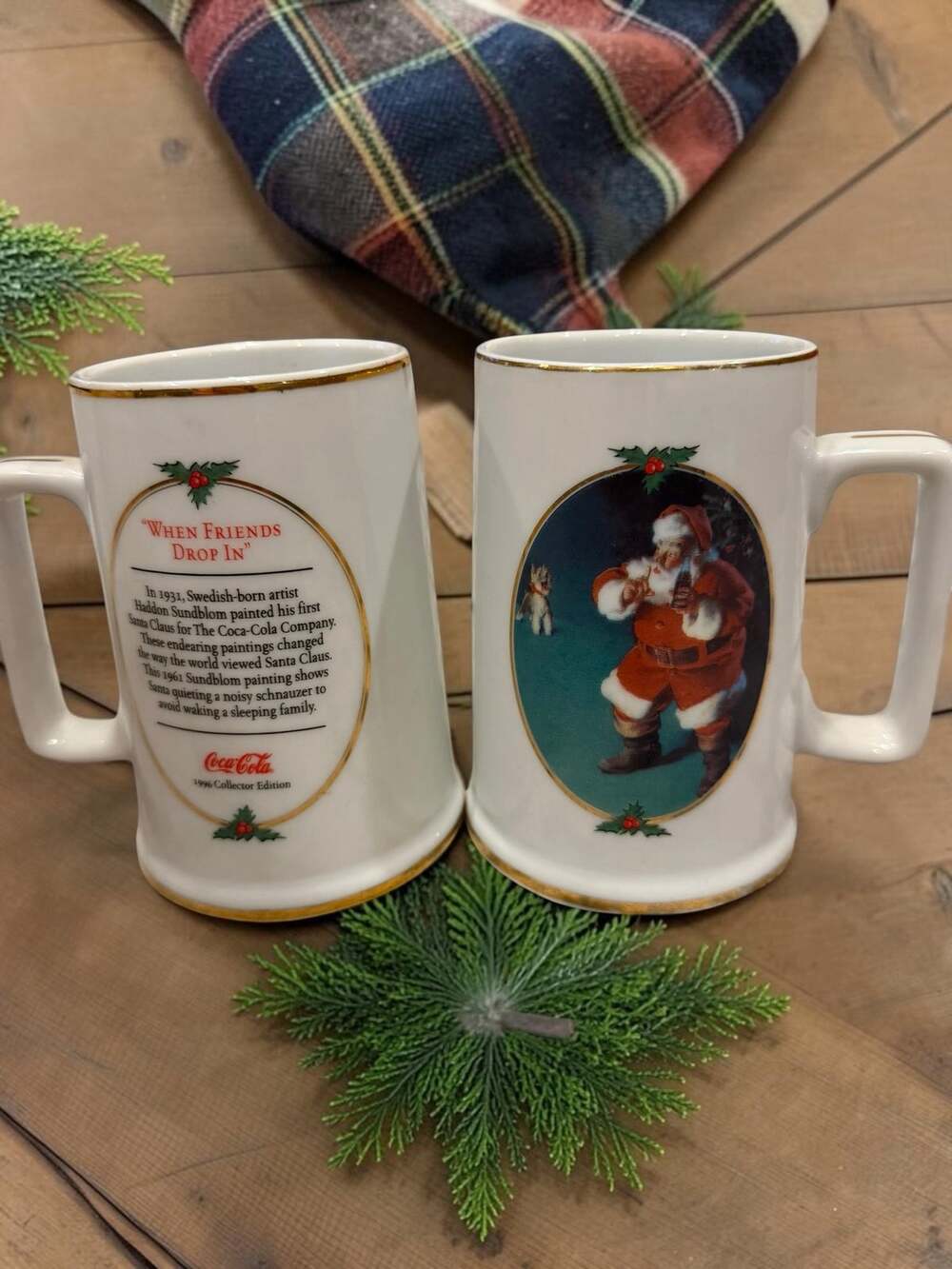 Coca-Cola 1996 Collector Edition Sundblom Santa Mugs When Friends Drop In Pair
